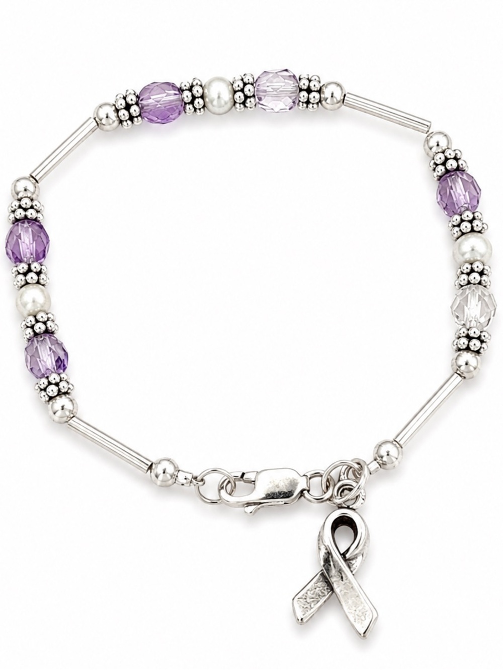 Sterling silver all other cancers awareness ribbon bracelet 925 purple pearl